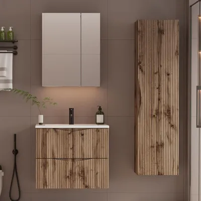 Produktbild von Badmöbel-Set 3-teilig mit 60 cm Waschtisch & Spiegelschrank in Eiche mit gerillter Front - CALURI-140