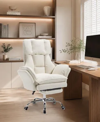 Imagen del producto de Silla de oficina con reposapiés. Silla de oficina ergonómica, color blanco, tapizada en tejido bouclé