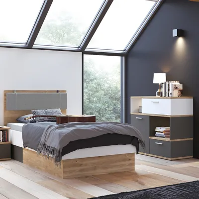 Produktbild von Jugendzimmer Set 2-teilig TOMAR-129 mit Bett 90x200 cm in Eiche Nb. mit weiß und grau
