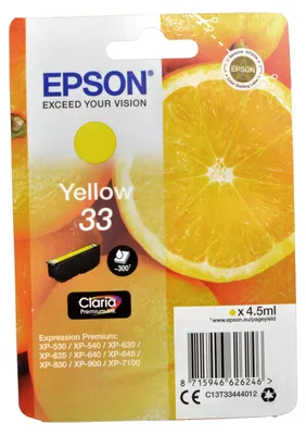 Produktbild von Epson Oranges Singlepack Yellow 33 Claria Premium Ink, Standardertrag, Gelb, Tinte auf Pigmentbasis, 4,5 ml, 1 Stück(e), Einzelpackung