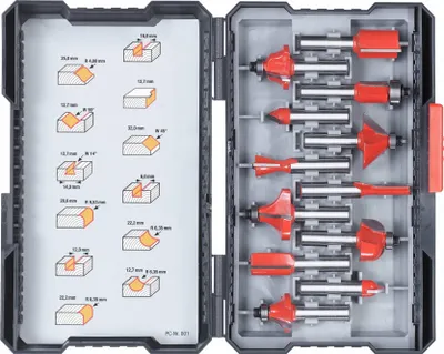 A set of router bits in a black carrying case, with diagrams of the router bit profiles on the left side of the case.