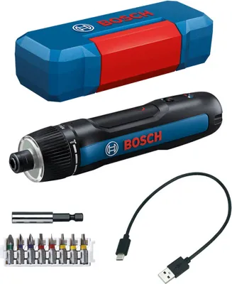A Bosch cordless screwdriver and its accessories are displayed against a white background.