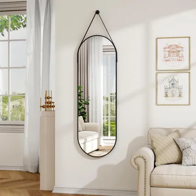 Produktbild von Hängender Spiegel Oval 40x120cm mit Lederband Aluminiumrahmen Schwarz