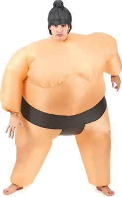 A person wearing an inflatable sumo wrestler costume.