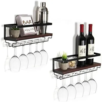 Produktbild von PolkaHome® Wandmontiertes Weinregal Set von 2 – Schwebende Weinbretter aus Massivholz und Metall, Schwarz, 43x12x13 cm