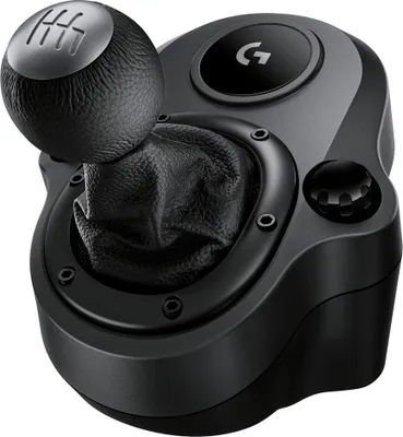 A close-up studio shot of a black Logitech Driving Force Shifter.