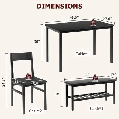 Image de Ensemble de salle à manger - Table à manger avec banc et étagère - 4 pièces - Gain de place - Structure en métal - Rectangulaire - Noir