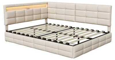 Image de Canapé-lit - Lit de jour - 140 x 190 cm - 2 tiroirs - Tête de lit en forme de L - Revêtement en tissu - Beige