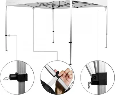 Close-up views of the adjustable leg mechanism of a pop-up canopy tent.