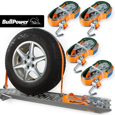 Produktbild von 4x BullPower Spanngurte AZG114 - Autotransport PKW Zurrgurte Reifengurte Transportsicherungen - LC 3000 kg / daN mit Ratsche und Haken - 35mm breit