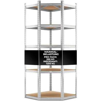 A silver, hexagonal shelving unit with wooden shelves, shown against a white background.
