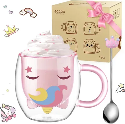 Produktbild von ecooe Doppelwandige Einhorn Latte Macchiato Gläser 280ml Set mit Löffel