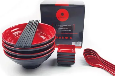 Produktbild von Inklusive Melamin Ramen Schalen mit Essstäbchen - Löffeln und kleinen Schalen für Soße - Ideal für asiatische Nudelsuppe - Rot 4