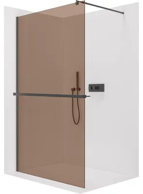 Productafbeelding van CERANO - Douchewand Walk-in Onyx Round L/P - 8 mm + plank/handdoekhouder - ronde steun - mat zwart, bronskleurig glas - 130x200 cm