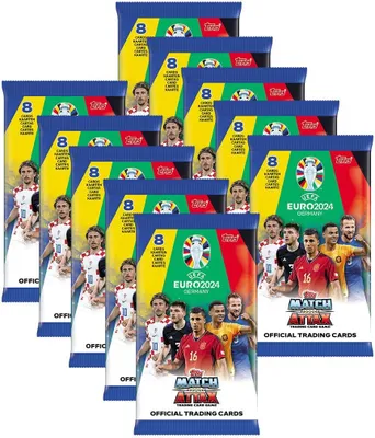 A collection of Match Attax UEFA EURO 2024 Germany trading card booster packs arranged in a pyramid formation.