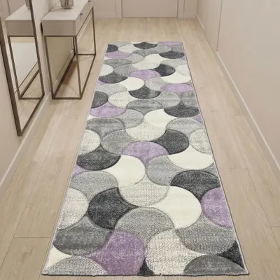 Imagen del producto de Alfombra moderna, color gris, crema y lila, con diseño de corte en contorno, ideal para pasillos. Tamaño: 80 x 300 cm
