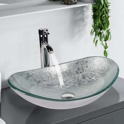 Produktbild von Puluomis Waschbecken Glas Aufsatzwaschbecken Waschschale Oval mit Wasserhahn Ablaufgarnitur Silber