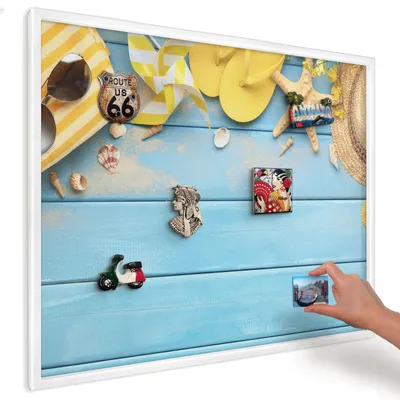 Produktbild von Magnettafel 80x60 cm mit weißem Rahmen - Magnetische Metalltafel, Magnetpinnwand zur Wandmontage für Wohnzimmer, Küche, Flur, Kinderzimmer und Büro - Strandatmosphäre