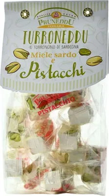 Produktbild von Torroncini mit Pistazien und Honig aus Sardinien, hart, 150g, weißer Nougat, Torrone, Pruneddu Torronificio Artigianale