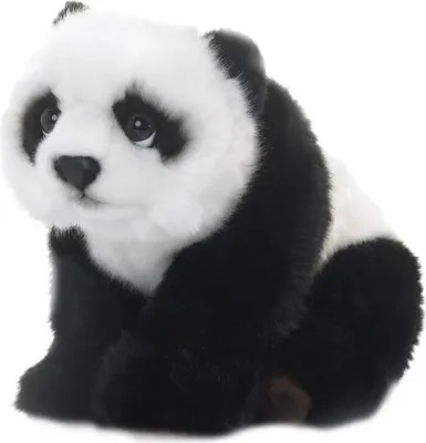 A plush toy panda sitting on a white background.