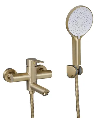 Immagine prodotto di Miscelatore per vasca da bagno con doccetta, montaggio a parete, bocchetta girevole a 90°, finitura oro spazzolato