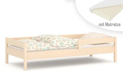Produktbild von Kinderbett 180x80 Kinderbett mit Rausfallschutz & Lattenrost Naturbelassen 80 x 180 für Mädchen und Jungen Massivholz Kiefer und MDF Möbelplatte, mit Matratzen, ohne Schubladen