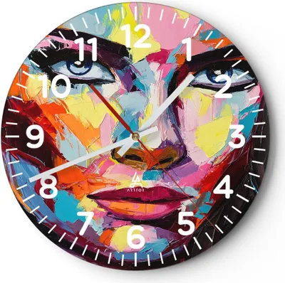Produktbild von Wanduhr - Rund - Glasuhr - Mädchen Gesicht - 40x40cm - Schleichendes Uhrwerk - Lautlos - zum Aufhängen bereit - Dekoration Modern - Wanddekoration aus Glas - C4AR40x40-3471