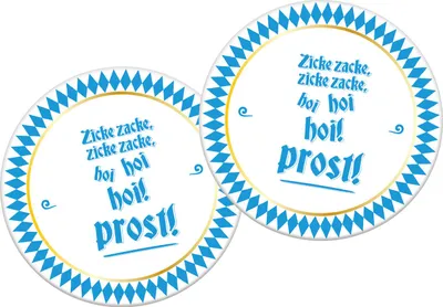 Produktbild von Bierdeckel 6 Stück mit Motto Zicke zacke Hoi, bayerisches Rautenmuster, blau-weiß, goldene Linie