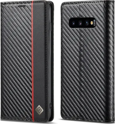 Produktbild von Hülle für Samsung Galaxy S10 Kohlefaser Leder Brieftasche Schutzhülle mit Standfunktion Schwarz Vertikale Rot