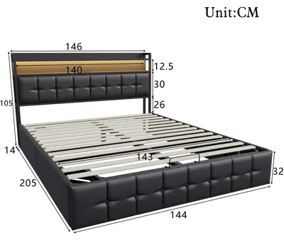 Image de Lit rembourré - Lit avec rangement - Éclairage LED et port USB - Sommier à lattes - 140 x 190 cm - CuirPolyuréthanenoir
