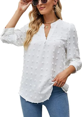 Produktbild von ASKSA Damen Chiffon Bluse V-Ausschnitt Pom Pom T-Shirt 3/4 Ärmel Elegant Tunika Casual Oberteile, Weiß, XL
