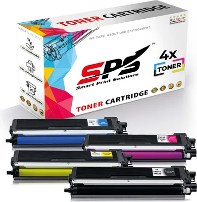 A product box for toner cartridges with several toner cartridges displayed in front of it.