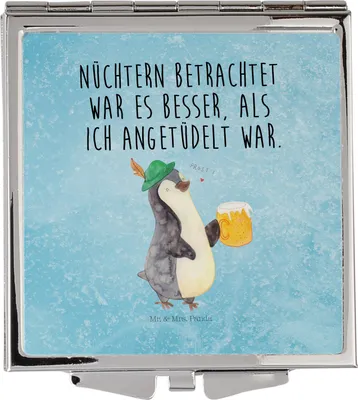 Produktbild von Mr. & Mrs. Panda Schminkspiegel Pinguin Bier - Eisblau - Geschenk, Klappspiegel, , Pinguine, Kleiner Spiegel, Kosmetikspiegel, Angetüdelt, Mini, Quadratischer