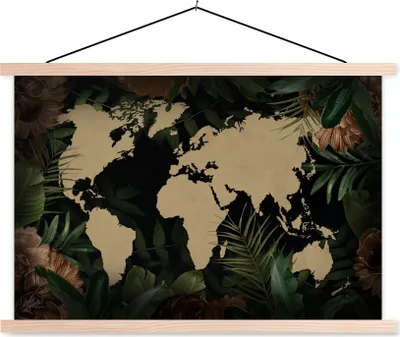Produktbild von MuchoWow® Textilposter Weltkarte - Blätter - Tropische Pflanzen 60x40 cm mit holzfarbenen Rahmen - Bilder
