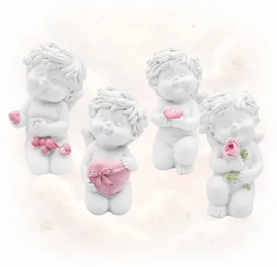 Engelfiguren-Set, 4 kniende Engel, 11 cm, weiß-rosé, mit Herz & Blumen