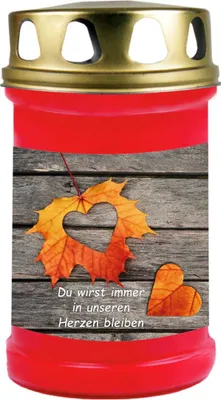 Produktbild von Grabkerze Rot, Brenndauer: 48 Stunden, Motiv: Laub Herz