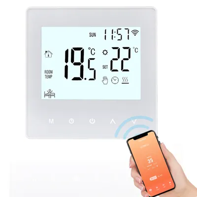 A smart thermostat is shown with a smartphone displaying a control app.