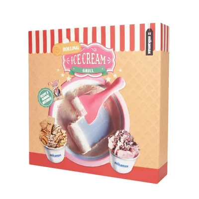 The image shows the packaging of a rolling ice cream grill kit.