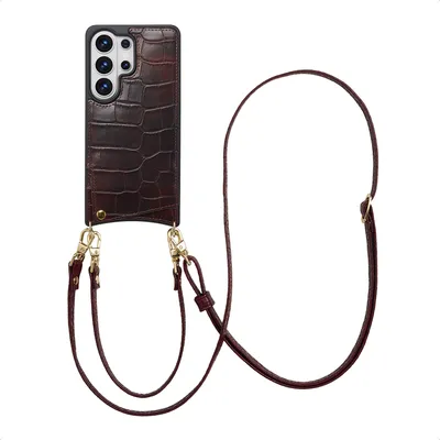 Zdjęcie produktu dla Selencia Nova Croco Etui na telefon z paskiem i uchwytem na karty dla Samsung Galaxy S26 Ultra - Choco Brown