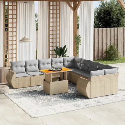 Produktbild von Design 11-tlg. Garten-Sofagarnitur mit Kissen Beige Poly Rattan, Gartenmöbel-Sets 2024 Neu