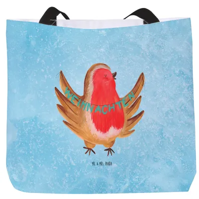 Produktbild von Mr. & Mrs. Panda Strandtasche Rotkehlchen Weihnachten - Eisblau - Geschenk, Frohe, Weihnachtsmotiv, Tasche, Winter, Weihnachtsgruß, Stoffbeutel, Schultasche, Vogel