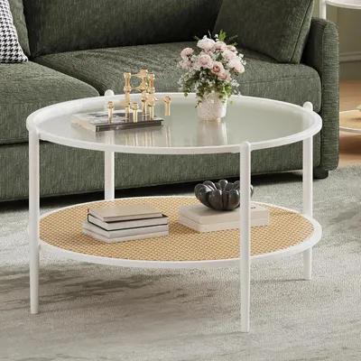 Image de Table basse en rotin - Ronde 78 cm - 2 niveaux de rangement - Plateau en verre trempé avec motif ondulé - Style antique - Rouge vin
