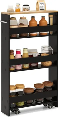 A black four-tier rolling storage cart filled with various jars and containers, placed on a white background.