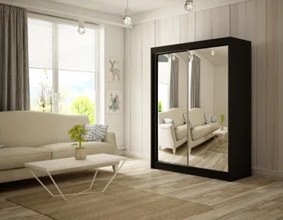 Produktbild von ALTDECOR Kleiderschrank mit Spiegel und Schiebetüren, kugelgelagerte Führungsschienen und Aluminium-Leisten 120 cm Schwarz