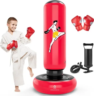 Produktbild von Aufblasbarer Boxsack für Kinder mit Boxhandschuhen - 166 cm - Ideal für Karate, Taekwondo und MMA - Geschenk für Jungen und Mädchen von 6-12 Jahren