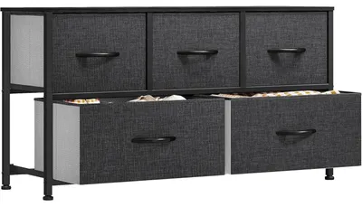 Image de Commode avec tiroirs en tissu, étagère en métal, plateau en MDF, couleur gris foncé, dimensions : 100 x 30 x 55 cm