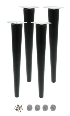 Four black tapered furniture legs with square mounting plates are shown standing upright on a white background. A small pile of screws and four felt pads are arranged below the legs.