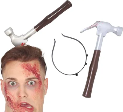 Produktbild von Halloween Scherzartikel Hammer Kopf Requisit Realistisch Blutiger Effekt Schock Accessoire Horrornacht Unheimlich Kreativ Gruselparty Dekoration Kostümfeier Stimmung Humorvolles Design, Farbe: Silber