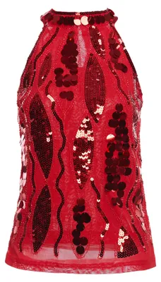 Produktbild von Damen Top rot XS mit Spitze, ärmellos, Neckholder, glänzendem Muster, festlich