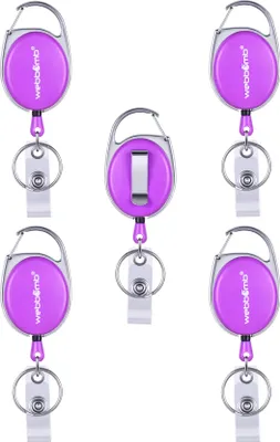 Produktbild von WEBBOMB 5x Ausweis Halter Lila mit JOJO Gürtel Clip & Schlüsselring 5 Stück Set Kartenhalter Ausweisjojo für Betriebsausweis ID Badge Holder SkipassHalter Rollerclip